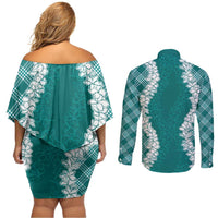 Hawaii Aloha Plumeria Lei Teal Palaka Couples Matching Off Shoulder Short Dress and Long Sleeve Button Shirt LT7 - Polynesian Pride
