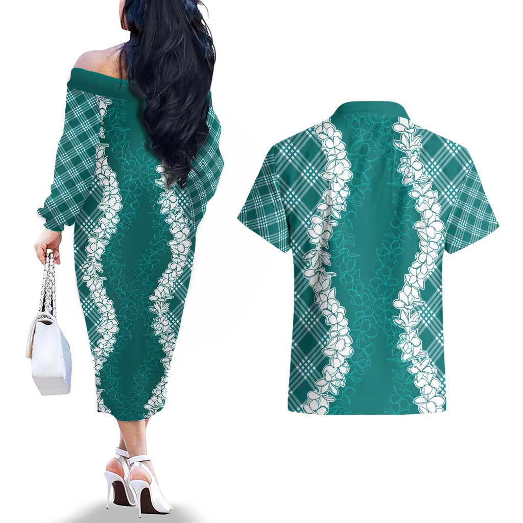 Hawaii Aloha Plumeria Lei Teal Palaka Couples Matching Off The Shoulder Long Sleeve Dress and Hawaiian Shirt LT7 - Polynesian Pride