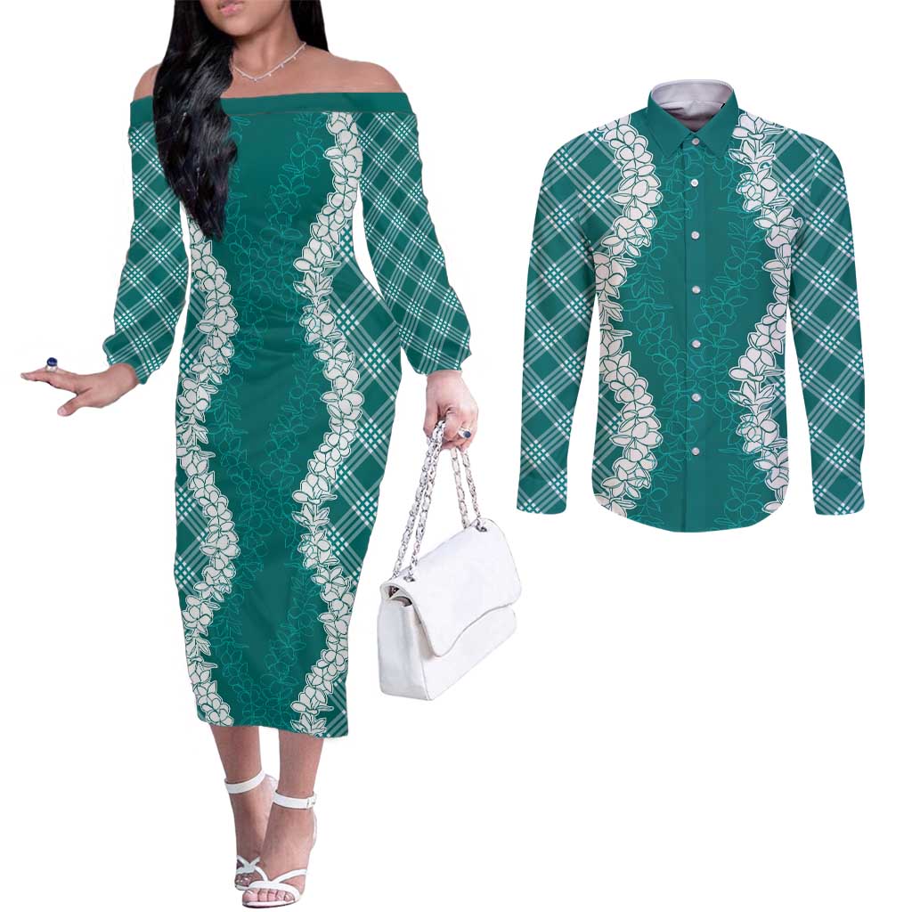 Hawaii Aloha Plumeria Lei Teal Palaka Couples Matching Off The Shoulder Long Sleeve Dress and Long Sleeve Button Shirt LT7 Teal - Polynesian Pride