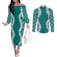 Hawaii Aloha Plumeria Lei Teal Palaka Couples Matching Off The Shoulder Long Sleeve Dress and Long Sleeve Button Shirt LT7 Teal - Polynesian Pride