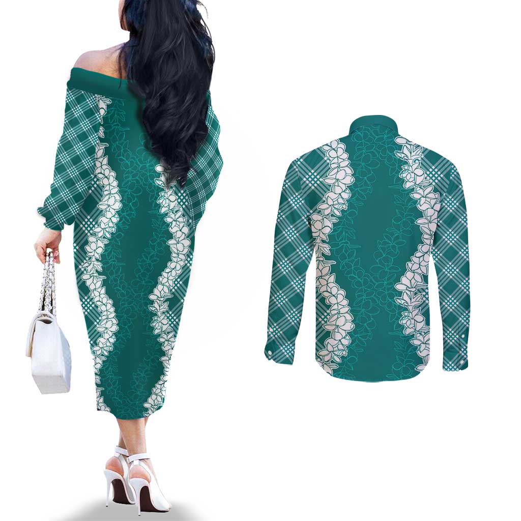 Hawaii Aloha Plumeria Lei Teal Palaka Couples Matching Off The Shoulder Long Sleeve Dress and Long Sleeve Button Shirt LT7 - Polynesian Pride
