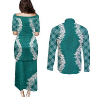 Hawaii Aloha Plumeria Lei Teal Palaka Couples Matching Puletasi and Long Sleeve Button Shirt - Polynesian Pride