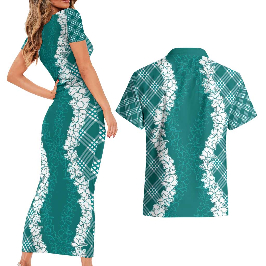 Hawaii Aloha Plumeria Lei Teal Palaka Couples Matching Short Sleeve Bodycon Dress and Hawaiian Shirt LT7 - Polynesian Pride