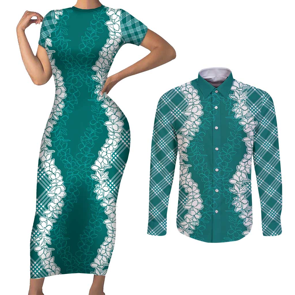 Hawaii Aloha Plumeria Lei Teal Palaka Couples Matching Short Sleeve Bodycon Dress and Long Sleeve Button Shirt LT7 Teal - Polynesian Pride
