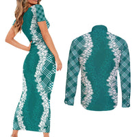 Hawaii Aloha Plumeria Lei Teal Palaka Couples Matching Short Sleeve Bodycon Dress and Long Sleeve Button Shirt LT7 - Polynesian Pride