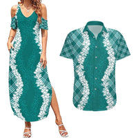 Hawaii Aloha Plumeria Lei Teal Palaka Couples Matching Summer Maxi Dress and Hawaiian Shirt LT7 Teal - Polynesian Pride