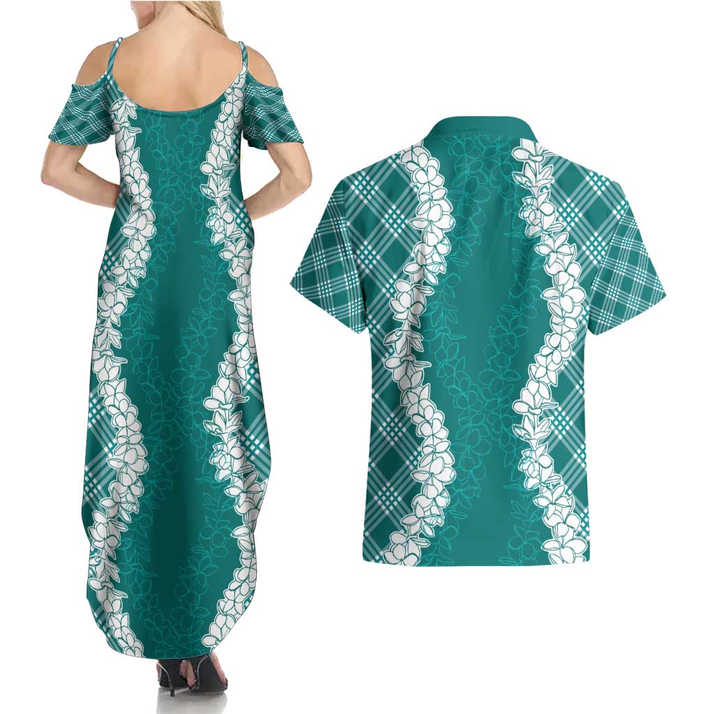 Hawaii Aloha Plumeria Lei Teal Palaka Couples Matching Summer Maxi Dress and Hawaiian Shirt LT7 - Polynesian Pride