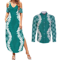 Hawaii Aloha Plumeria Lei Teal Palaka Couples Matching Summer Maxi Dress and Long Sleeve Button Shirt LT7 Teal - Polynesian Pride