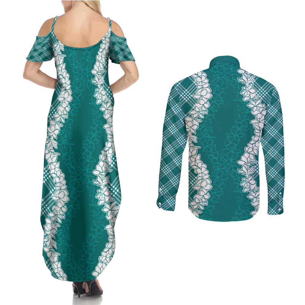 Hawaii Aloha Plumeria Lei Teal Palaka Couples Matching Summer Maxi Dress and Long Sleeve Button Shirt LT7 - Polynesian Pride