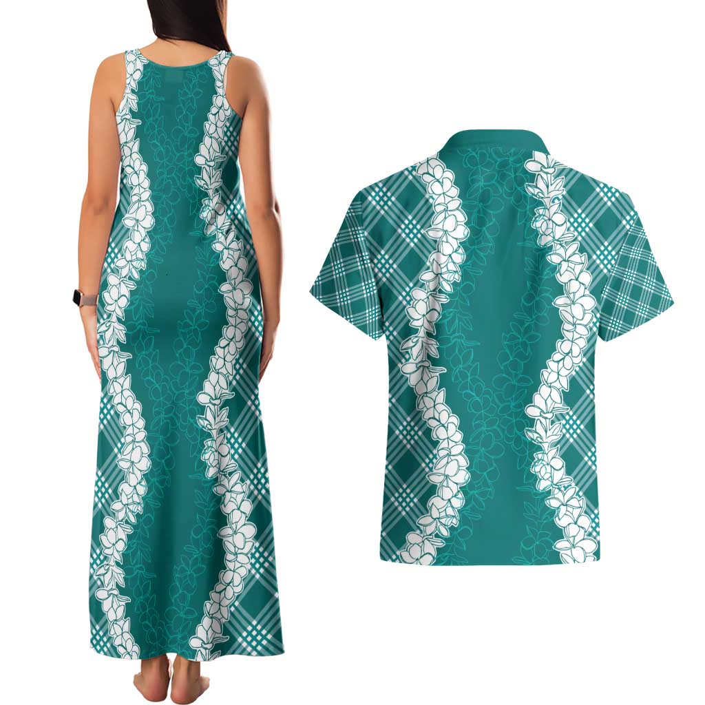 Hawaii Aloha Plumeria Lei Teal Palaka Couples Matching Tank Maxi Dress and Hawaiian Shirt LT7 - Polynesian Pride