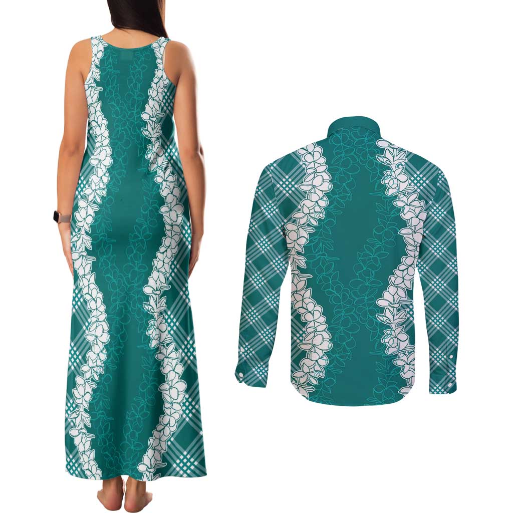 Hawaii Aloha Plumeria Lei Teal Palaka Couples Matching Tank Maxi Dress and Long Sleeve Button Shirt LT7 - Polynesian Pride