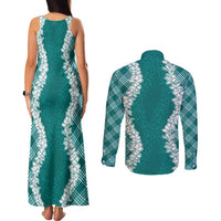 Hawaii Aloha Plumeria Lei Teal Palaka Couples Matching Tank Maxi Dress and Long Sleeve Button Shirt LT7 - Polynesian Pride