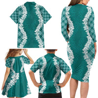 Hawaii Aloha Plumeria Lei Teal Palaka Family Matching Long Sleeve Bodycon Dress and Hawaiian Shirt LT7 - Polynesian Pride