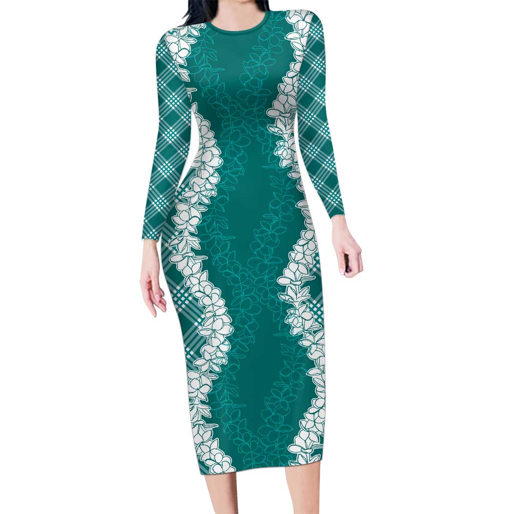 Hawaii Aloha Plumeria Lei Teal Palaka Family Matching Long Sleeve Bodycon Dress and Hawaiian Shirt LT7 Mom's Dress Teal - Polynesian Pride