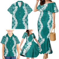 Hawaii Aloha Plumeria Lei Teal Palaka Family Matching Mermaid Dress and Hawaiian Shirt LT7 - Polynesian Pride