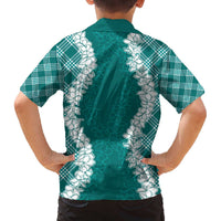 Hawaii Aloha Plumeria Lei Teal Palaka Family Matching Off The Shoulder Long Sleeve Dress and Hawaiian Shirt LT7 - Polynesian Pride