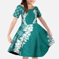 Hawaii Aloha Plumeria Lei Teal Palaka Family Matching Off The Shoulder Long Sleeve Dress and Hawaiian Shirt LT7 Daughter's Dress Teal - Polynesian Pride