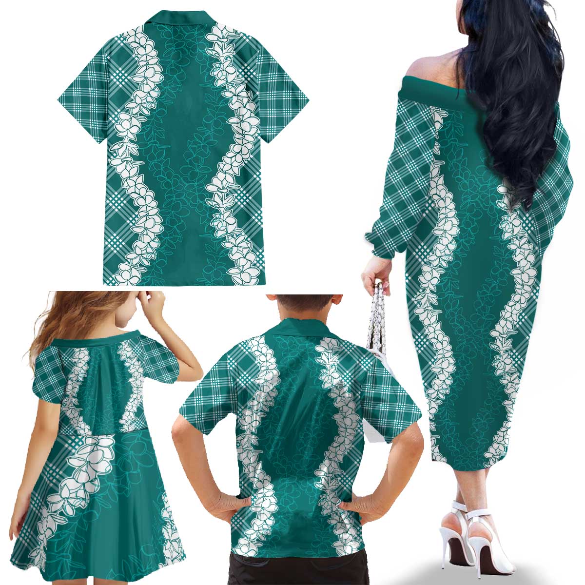 Hawaii Aloha Plumeria Lei Teal Palaka Family Matching Off The Shoulder Long Sleeve Dress and Hawaiian Shirt LT7 - Polynesian Pride