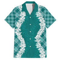 Hawaii Aloha Plumeria Lei Teal Palaka Family Matching Off The Shoulder Long Sleeve Dress and Hawaiian Shirt LT7 Dad's Shirt - Short Sleeve Teal - Polynesian Pride