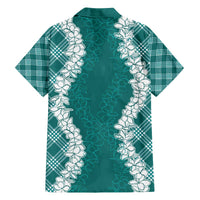 Hawaii Aloha Plumeria Lei Teal Palaka Family Matching Off The Shoulder Long Sleeve Dress and Hawaiian Shirt LT7 - Polynesian Pride