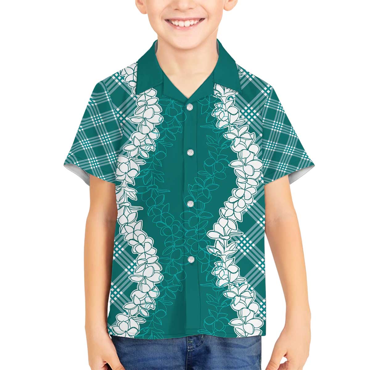 Hawaii Aloha Plumeria Lei Teal Palaka Family Matching Off The Shoulder Long Sleeve Dress and Hawaiian Shirt LT7 Son's Shirt Teal - Polynesian Pride