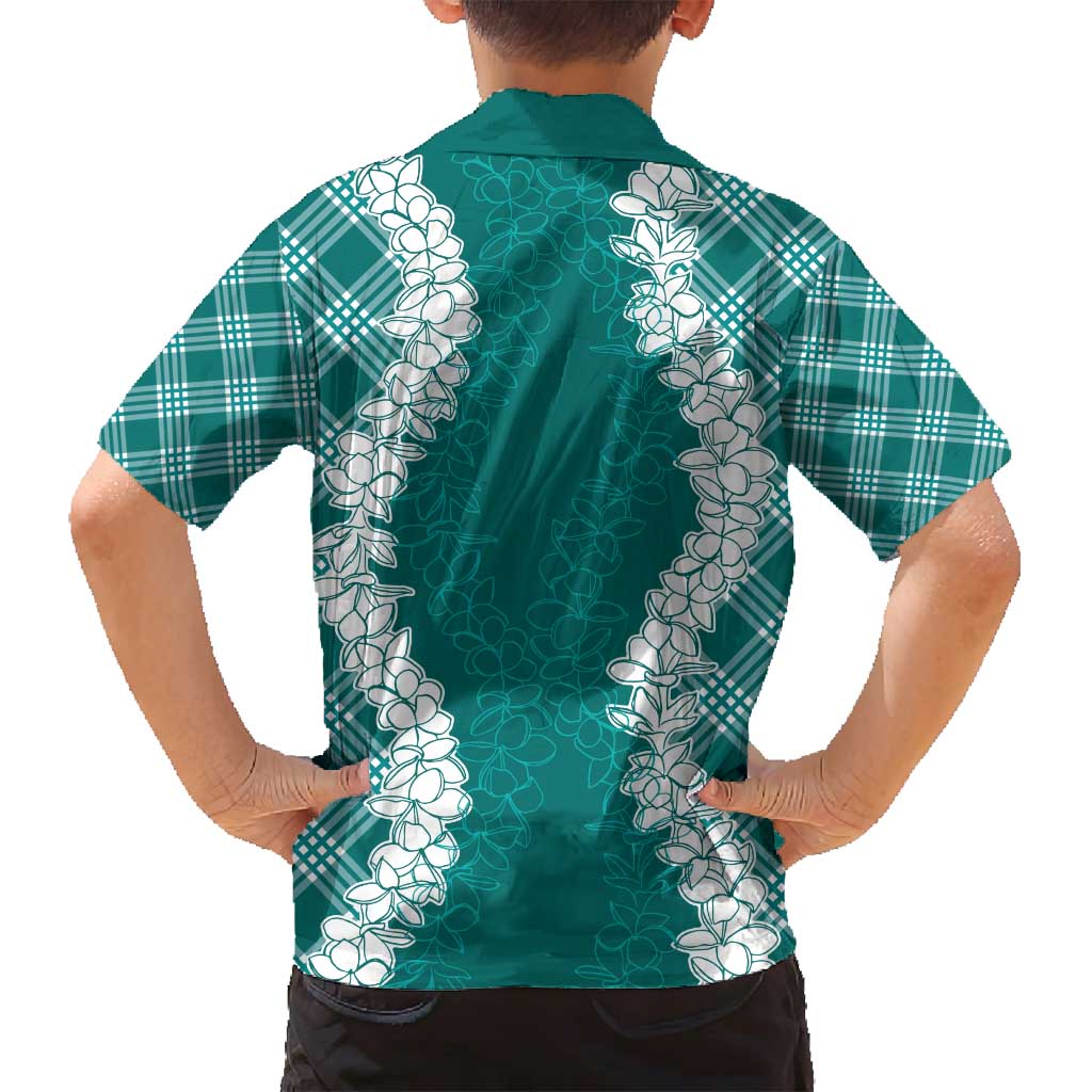 Hawaii Aloha Plumeria Lei Teal Palaka Family Matching Off Shoulder Maxi Dress and Hawaiian Shirt LT7 - Polynesian Pride