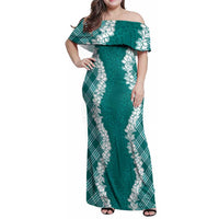 Hawaii Aloha Plumeria Lei Teal Palaka Family Matching Off Shoulder Maxi Dress and Hawaiian Shirt LT7 Mom's Dress Teal - Polynesian Pride