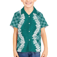 Hawaii Aloha Plumeria Lei Teal Palaka Family Matching Off Shoulder Maxi Dress and Hawaiian Shirt LT7 Son's Shirt Teal - Polynesian Pride