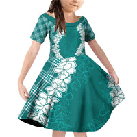 Hawaii Aloha Plumeria Lei Teal Palaka Family Matching Off Shoulder Short Dress and Hawaiian Shirt LT7 Daughter's Dress Teal - Polynesian Pride