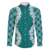 Hawaii Aloha Plumeria Lei Teal Palaka Family Matching Off Shoulder Short Dress and Hawaiian Shirt LT7 Dad's Shirt - Long Sleeve Teal - Polynesian Pride
