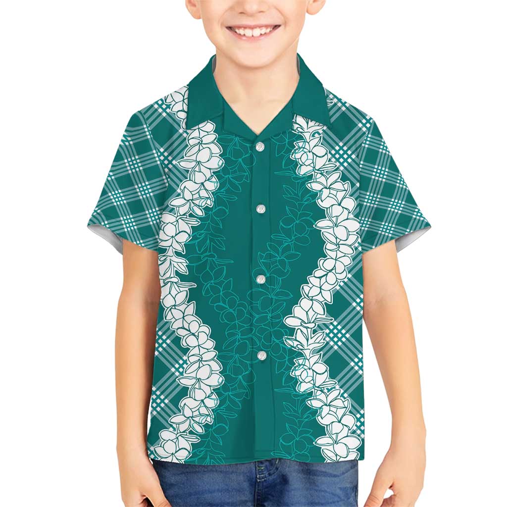 Hawaii Aloha Plumeria Lei Teal Palaka Family Matching Off Shoulder Short Dress and Hawaiian Shirt LT7 Son's Shirt Teal - Polynesian Pride