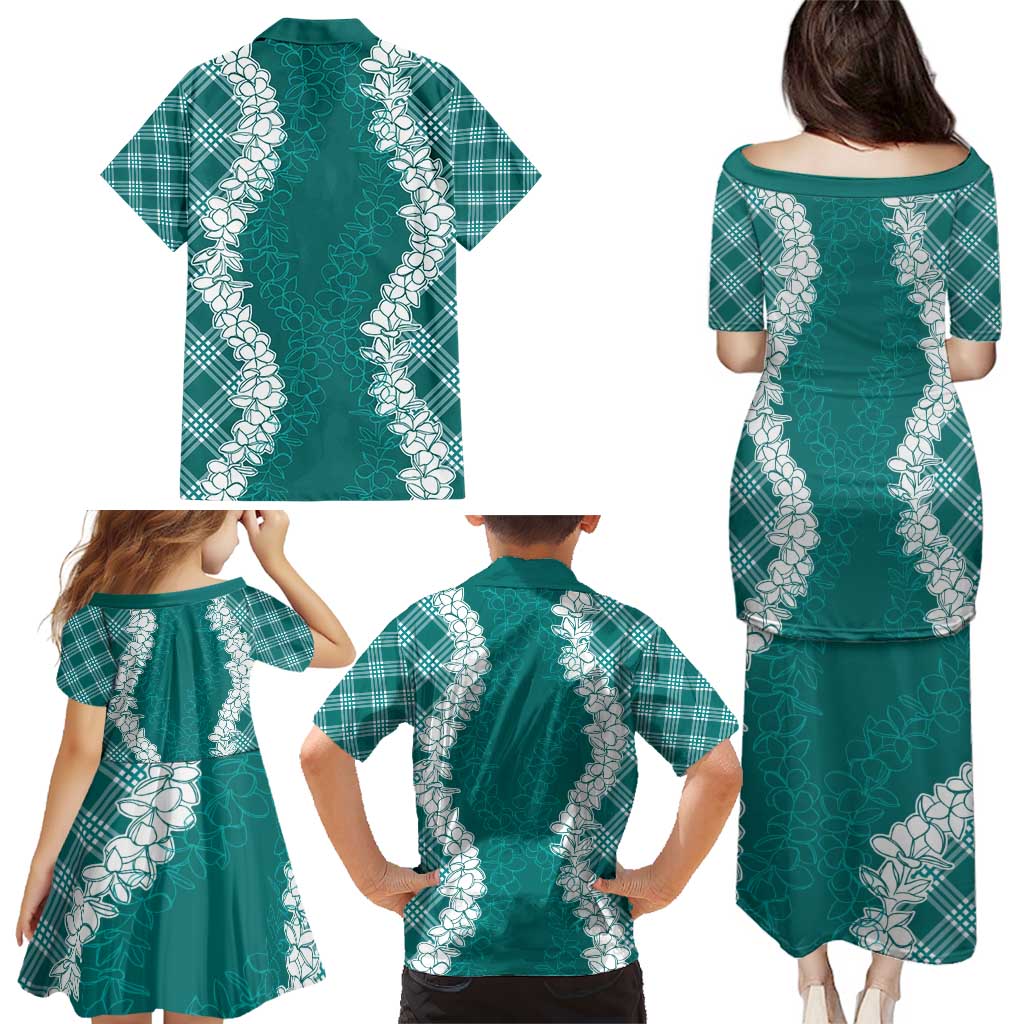 Hawaii Aloha Plumeria Lei Teal Palaka Family Matching Puletasi and Hawaiian Shirt LT7 - Polynesian Pride