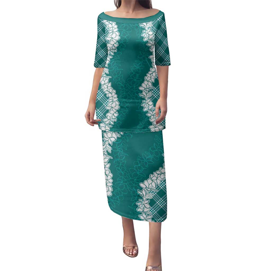 Hawaii Aloha Plumeria Lei Teal Palaka Family Matching Puletasi and Hawaiian Shirt LT7 Mom's Dress Teal - Polynesian Pride