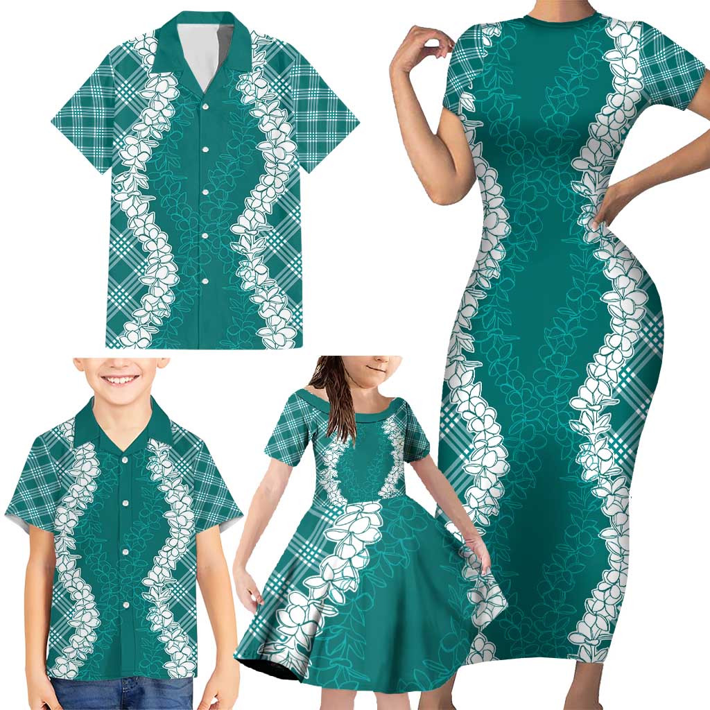 Hawaii Aloha Plumeria Lei Teal Palaka Family Matching Short Sleeve Bodycon Dress and Hawaiian Shirt LT7 - Polynesian Pride