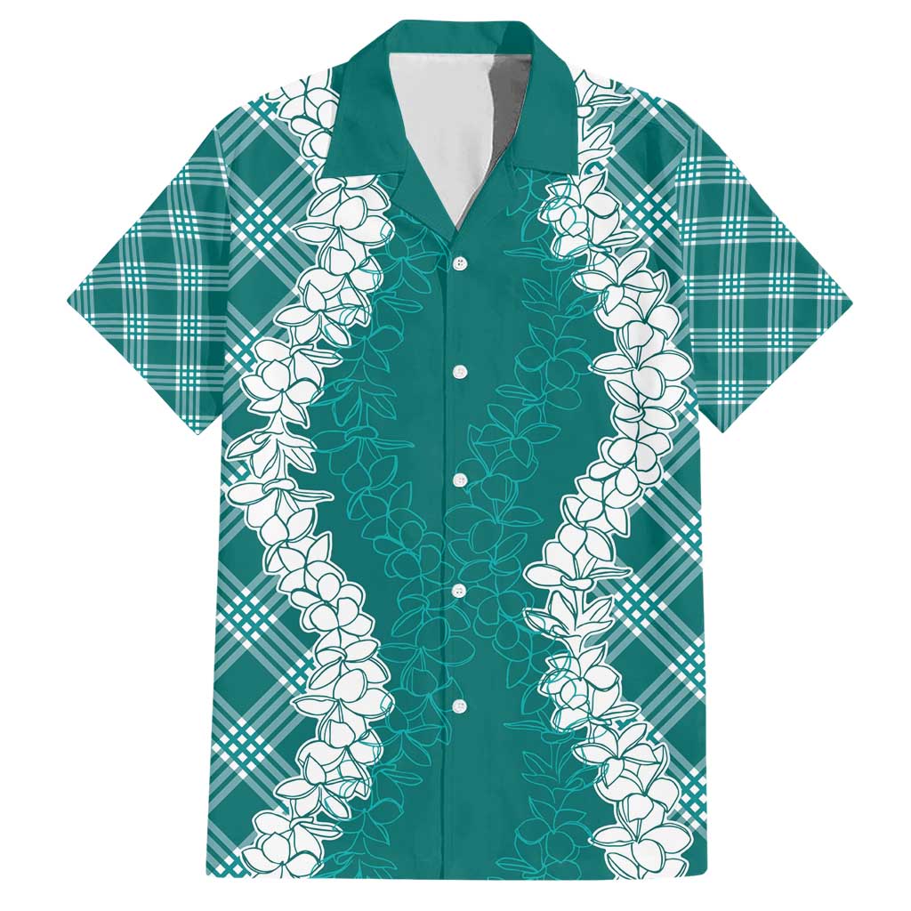Hawaii Aloha Plumeria Lei Teal Palaka Family Matching Short Sleeve Bodycon Dress and Hawaiian Shirt LT7 Dad's Shirt - Short Sleeve Teal - Polynesian Pride