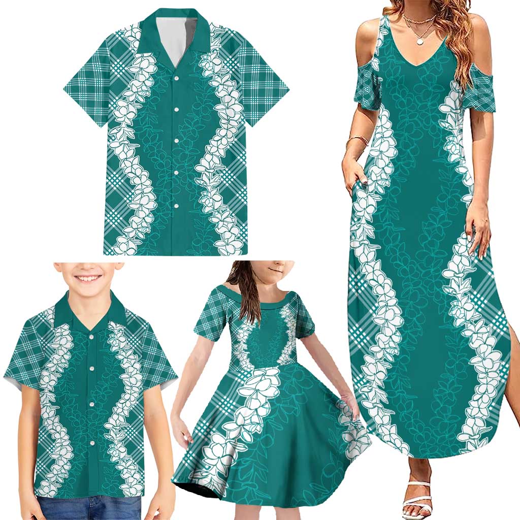 Hawaii Aloha Plumeria Lei Teal Palaka Family Matching Summer Maxi Dress and Hawaiian Shirt LT7 - Polynesian Pride