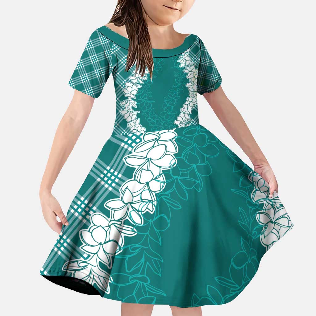 Hawaii Aloha Plumeria Lei Teal Palaka Family Matching Tank Maxi Dress and Hawaiian Shirt LT7 Daughter's Dress Teal - Polynesian Pride