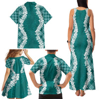 Hawaii Aloha Plumeria Lei Teal Palaka Family Matching Tank Maxi Dress and Hawaiian Shirt LT7 - Polynesian Pride