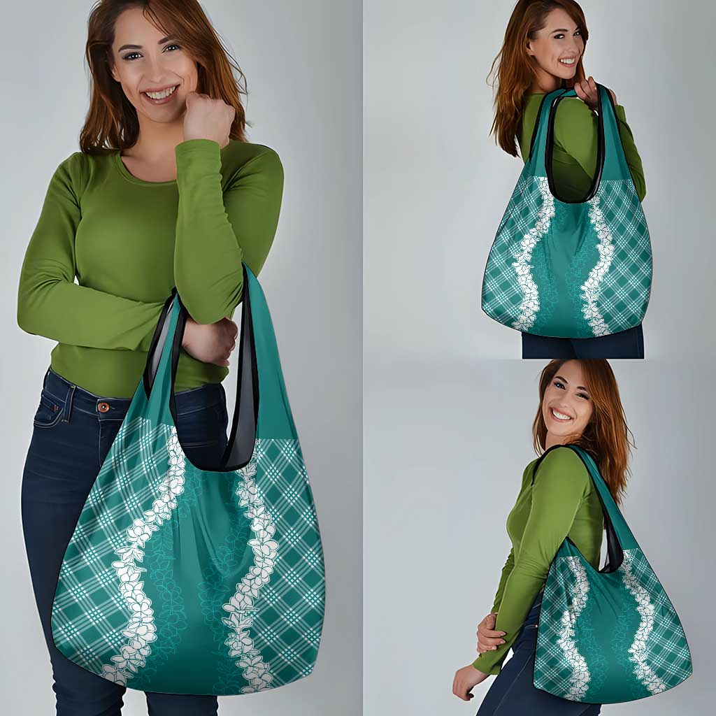 Hawaii Aloha Plumeria Lei Teal Palaka Grocery Bag - Polynesian Pride