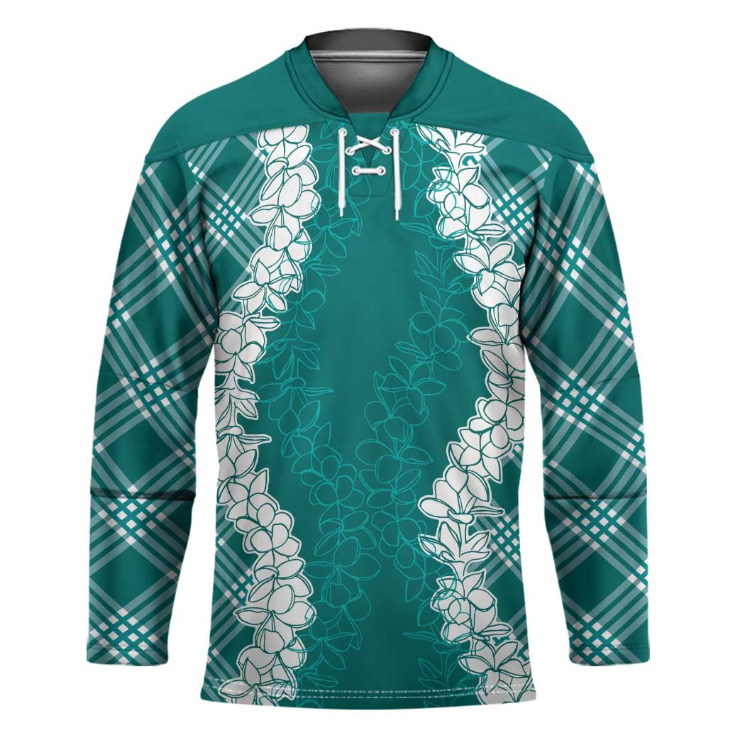 Hawaii Aloha Plumeria Lei Teal Palaka Hockey Jersey - Polynesian Pride