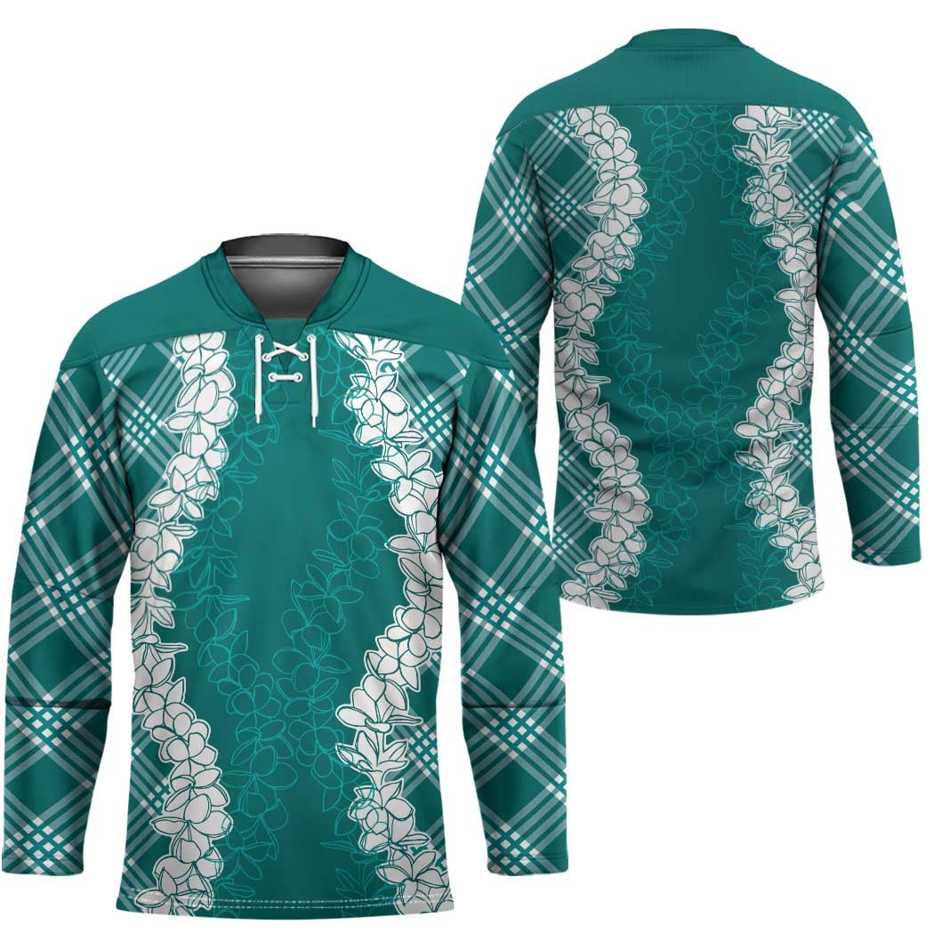 Hawaii Aloha Plumeria Lei Teal Palaka Hockey Jersey - Polynesian Pride
