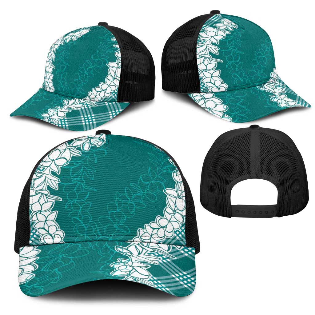 Hawaii Aloha Plumeria Lei Teal Palaka Mesh Trucker Cap - Polynesian Pride