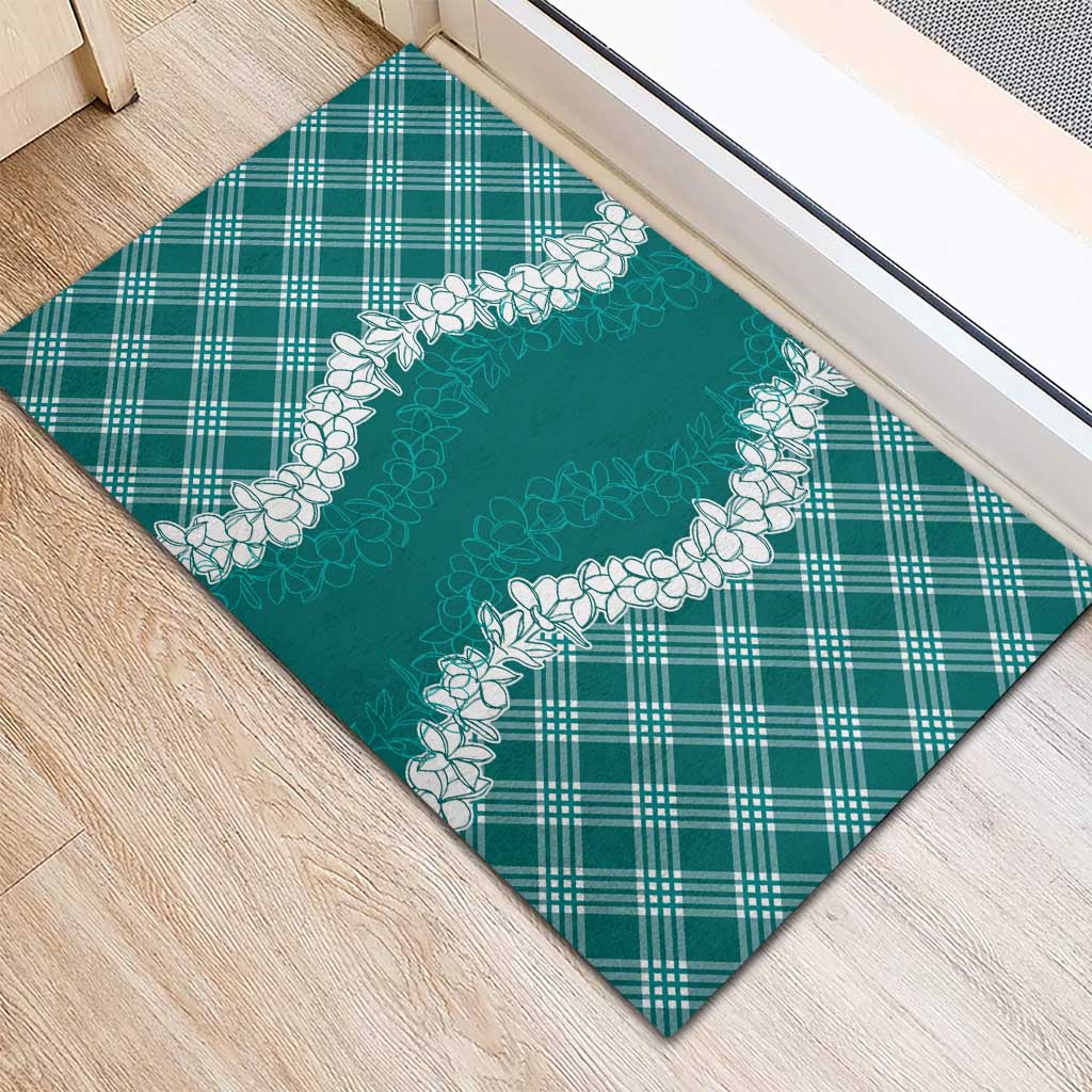 Hawaii Aloha Plumeria Lei Teal Palaka Rubber Doormat - Polynesian Pride