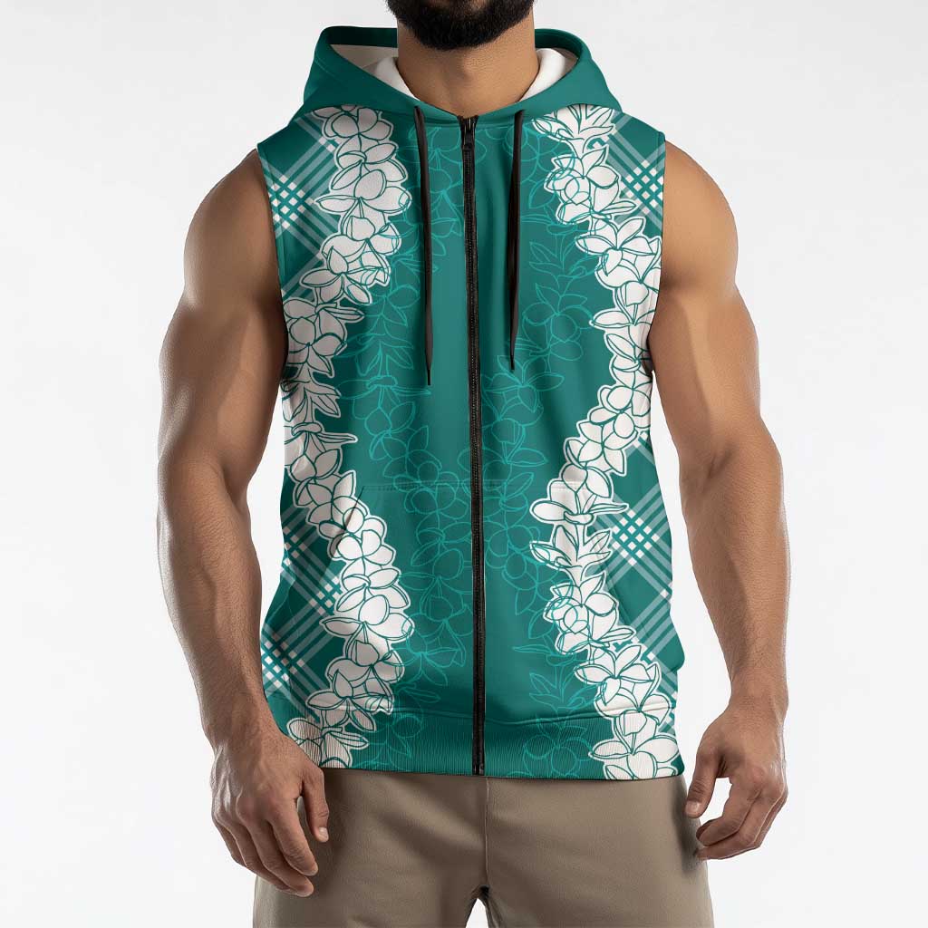 Hawaii Aloha Plumeria Lei Teal Palaka Sleeveless Zip Hoodie - Polynesian Pride