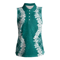 Hawaii Aloha Plumeria Lei Teal Palaka Women Sleeveless Polo Shirt LT7 Female Teal - Polynesian Pride