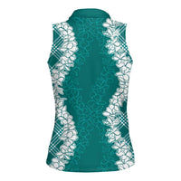 Hawaii Aloha Plumeria Lei Teal Palaka Women Sleeveless Polo Shirt LT7 - Polynesian Pride