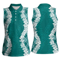 Hawaii Aloha Plumeria Lei Teal Palaka Women Sleeveless Polo Shirt LT7 - Polynesian Pride