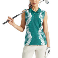 Hawaii Aloha Plumeria Lei Teal Palaka Women Sleeveless Polo Shirt LT7 - Polynesian Pride