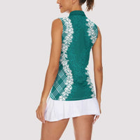 Hawaii Aloha Plumeria Lei Teal Palaka Women Sleeveless Polo Shirt LT7 - Polynesian Pride