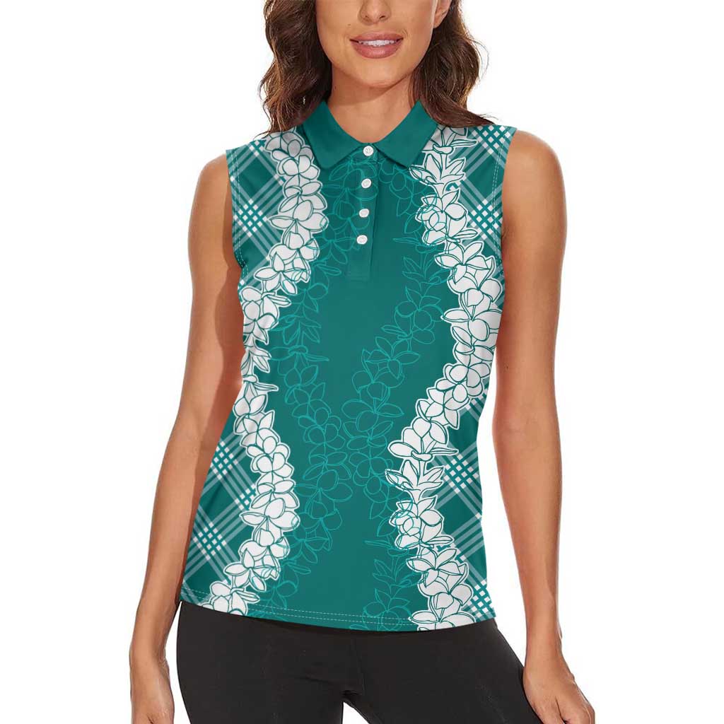 Hawaii Aloha Plumeria Lei Teal Palaka Women Sleeveless Polo Shirt LT7 - Polynesian Pride